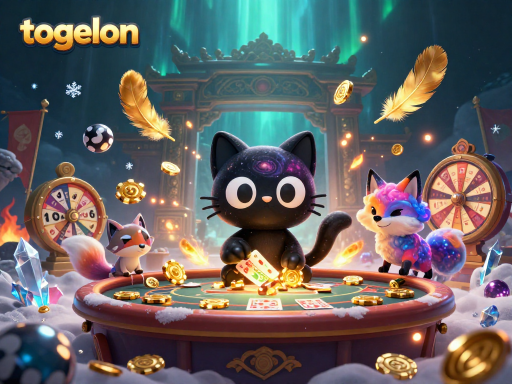 Engage with togelon lottery action featuring a cosmic cat and vibrant fox in a lively gaming scene.