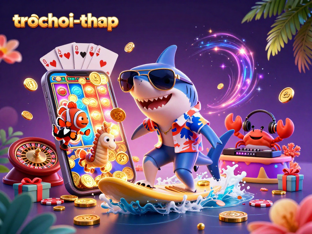 Engage with trochoi-thap as the shark surfs through gold coins amidst vibrant casino game elements.