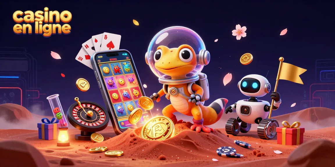 Un casino en ligne magique découvert par un gecko martien ravi, entouré de jeux captivants.