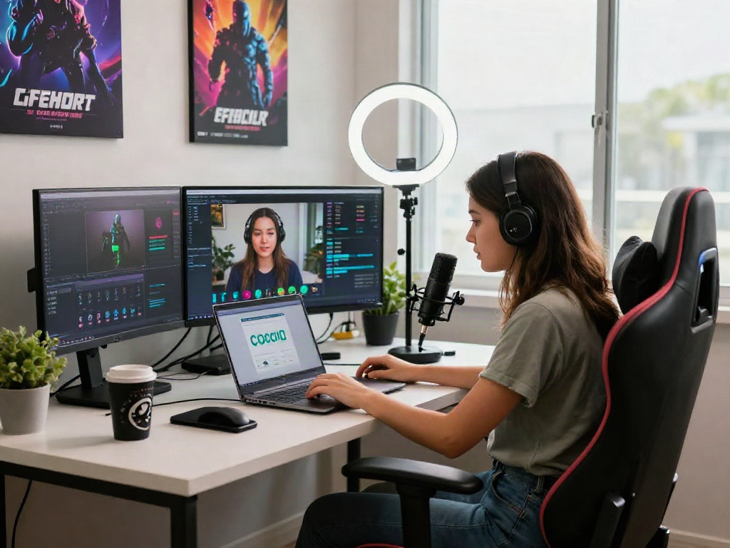 Cocoflix app in a vibrant tech workspace with video streaming setup and modern gadgets.