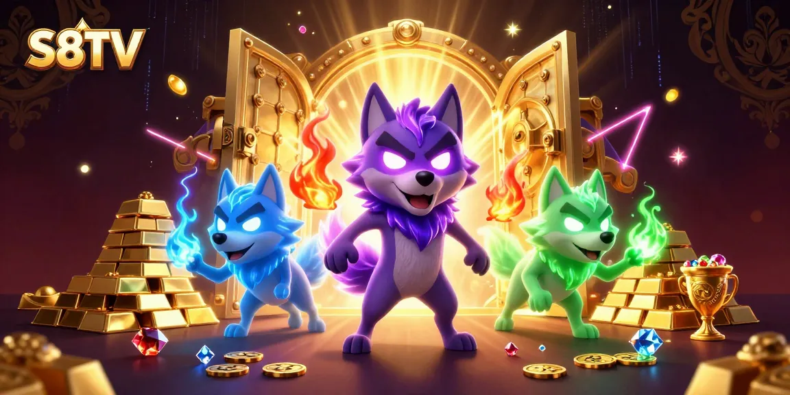 S8TV showcases a thrilling illustration of a wolf pack leader in a vibrant gambling-themed setting with treasure bursting forth.