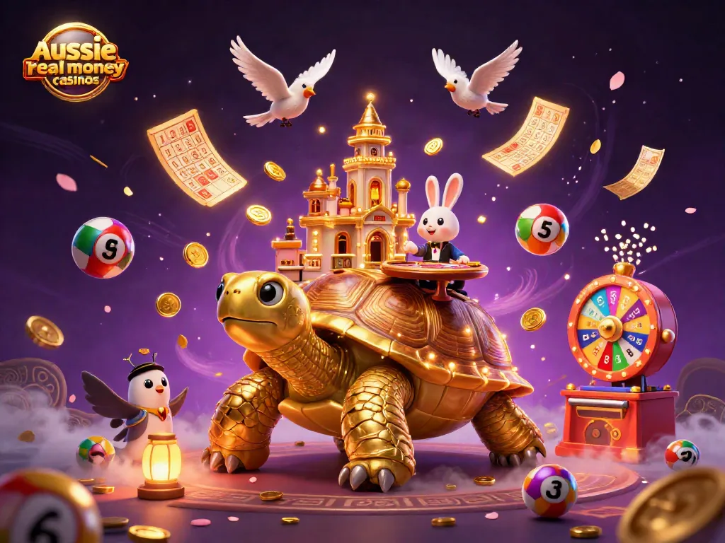 Aussie real money casinos showcase golden tortoise casino scene with dynamic lottery elements.