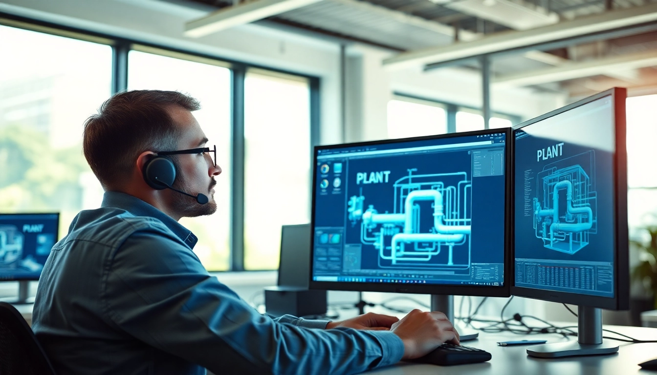 Engineer demonstrating Plant 3D piping design in a high-tech environment.