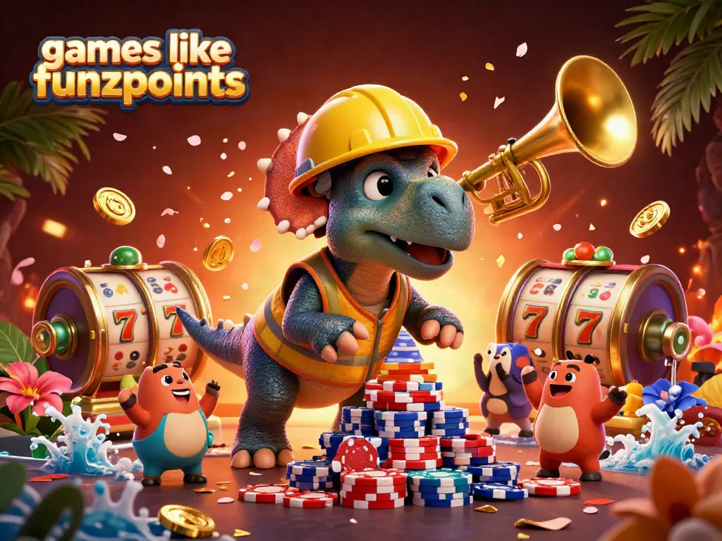 Play exciting games like funzpoints with a cartoon triceratops celebrating over casino-themed elements.