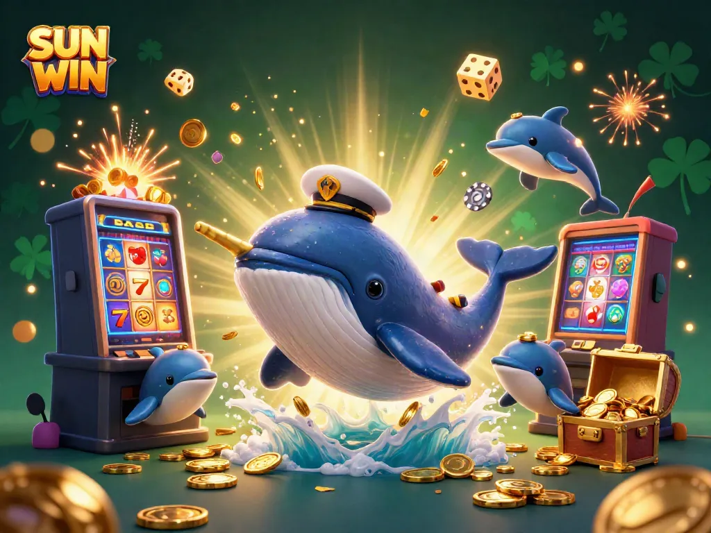 Experience SUN WIN with 3D characters celebrating in a vibrant casino scene full of joy, coins, and gaming action.