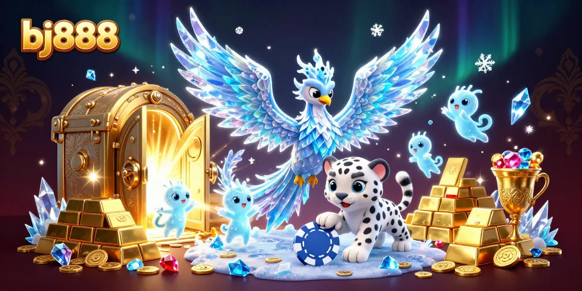 Engage with interactive betting at bj888, featuring a dynamic casino scene with an ice phoenix and treasures.