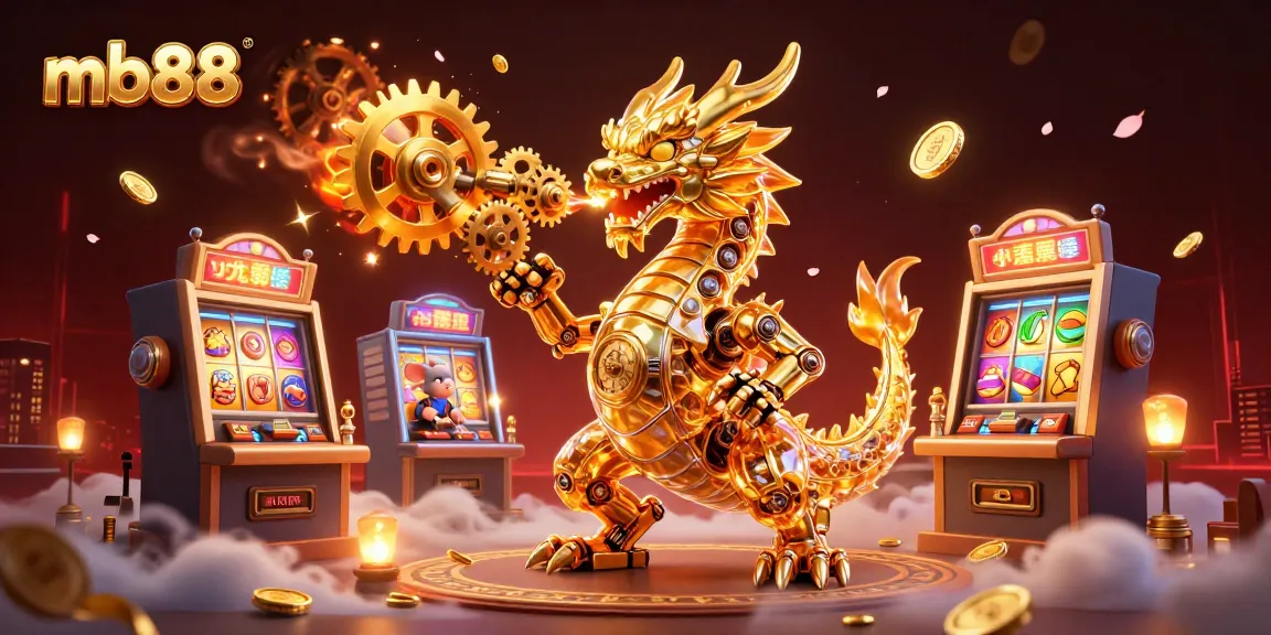 Win big with mb88's captivating gaming experience featuring a biomechanical dragon and slot machines.