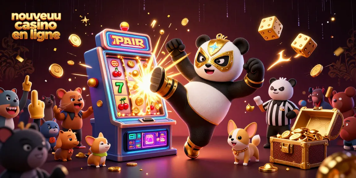 Jouer à un nouveau casino en ligne avec un panda lutteur et un chihuahua arbitre, ambiance festive.