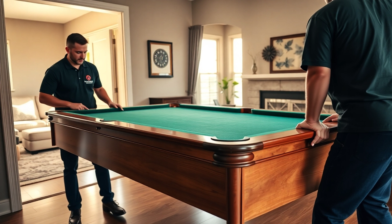 Professional pool table movers dallas carefully handling a large slate table in a living room.