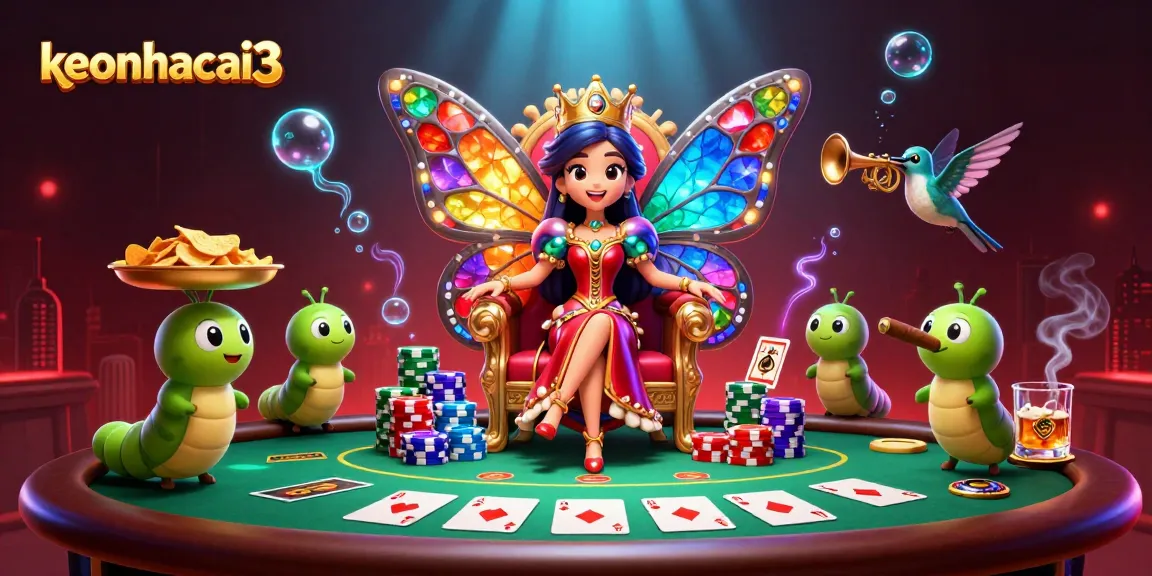 Engage in thrilling poker action with keonhacai3 in a vibrant, immersive 3D casino scene featuring a butterfly queen.