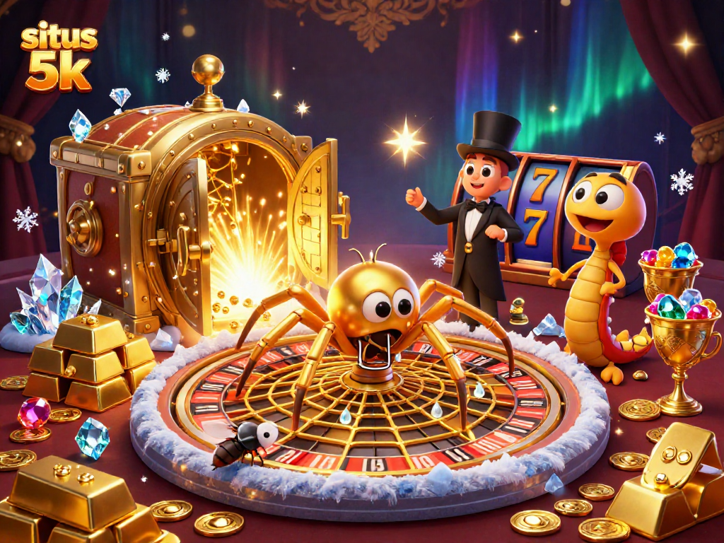 Spin the reels at situs 5k, featuring a golden spider and centipede croupier amidst treasure and vibrant casino elements.