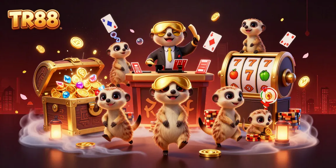 Engage with TR88 in a dynamic 3D cartoon illustration showcasing meerkats orchestrating an interactive casino experience.