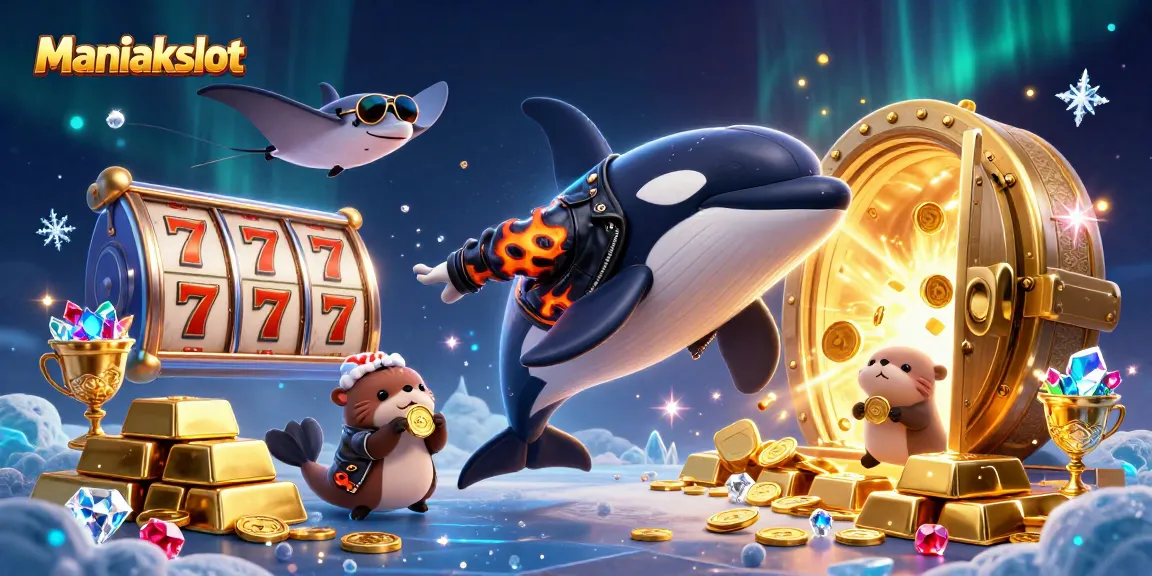 Engage with Maniakslot in this vibrant 3D illustration featuring animated characters and casino elements.