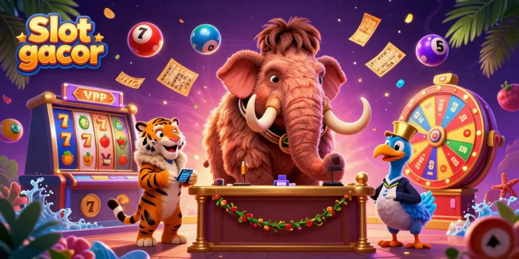 Engage with Slot gacor as a cartoon mammoth bouncer checks IDs at an animated casino entrance.