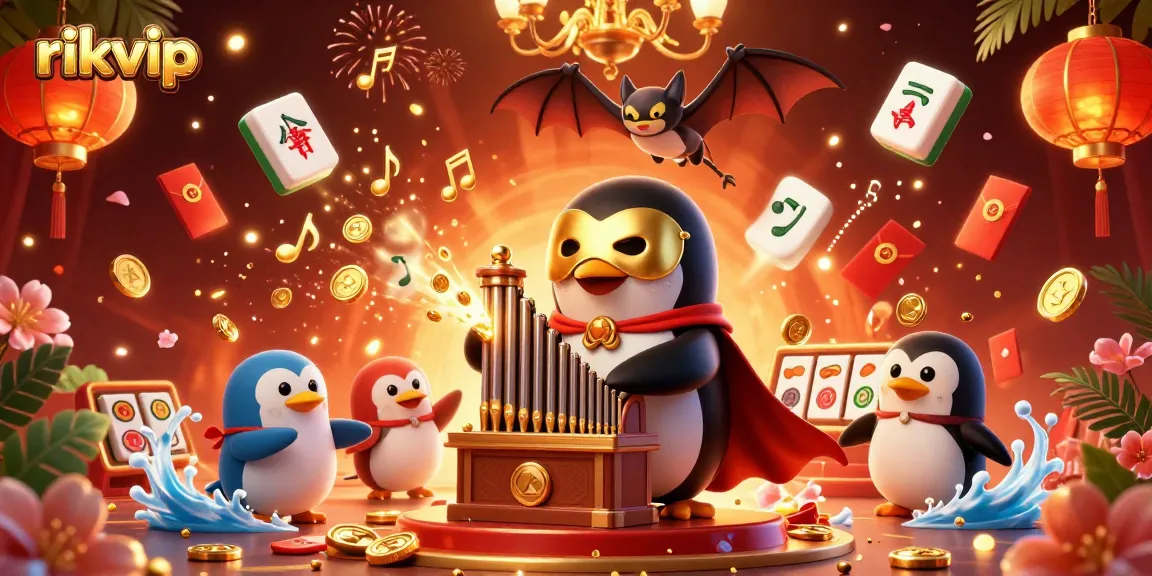 Play thrilling casino games like rikvip with a vibrant scene featuring penguin characters and golden elements.