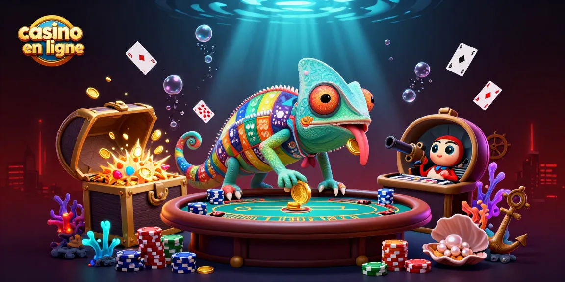 Illustration dynamique des jeux de casino en ligne avec un caméléon et des éléments de poker.