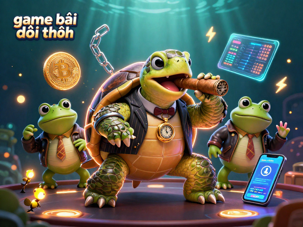 Engage in exciting game bài đổi thưởng with a 3D scene of a mobster turtle and bullfrog enforcers.