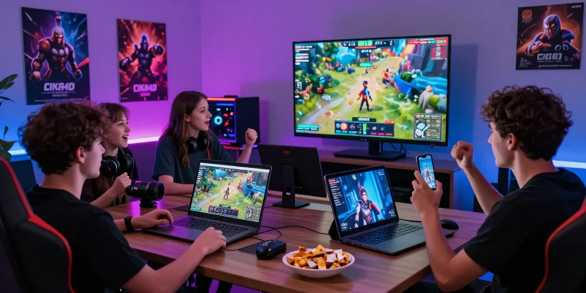 Group of gamers experiencing CIKA4D interactive gaming platform with multiple devices