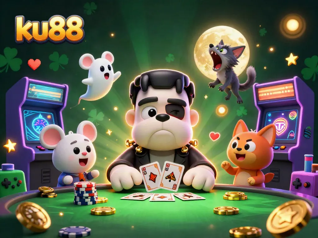 ku88 players engage in thrilling card games at a vibrant casino scene with festive characters.
