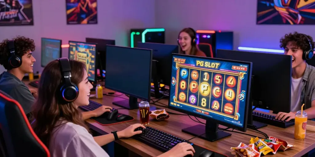 Friends enjoying PG SLOT games on a vibrant gaming setup with colorful graphics.