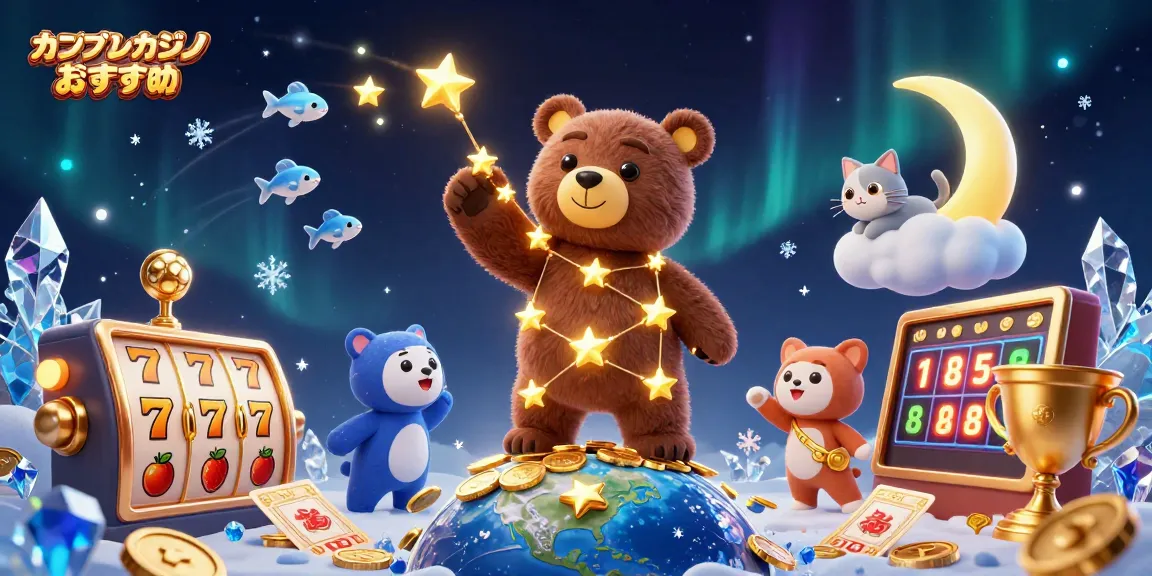 オンラインカジノ おすすめでコインをつかむ星のクマとスロットゲームの賑わいを描いたイラスト