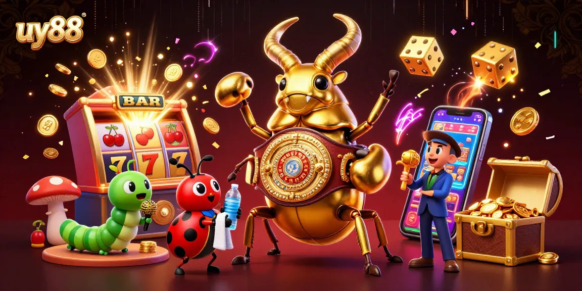 Experience the excitement of uy88 with a dynamic 3D casino scene featuring a golden stag beetle.