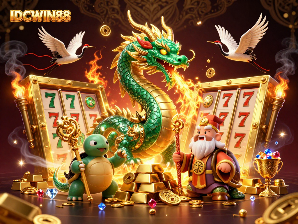 Experience the thrilling world of IDCWIN88 with vibrant 3D dragons and golden treasures in online gaming.