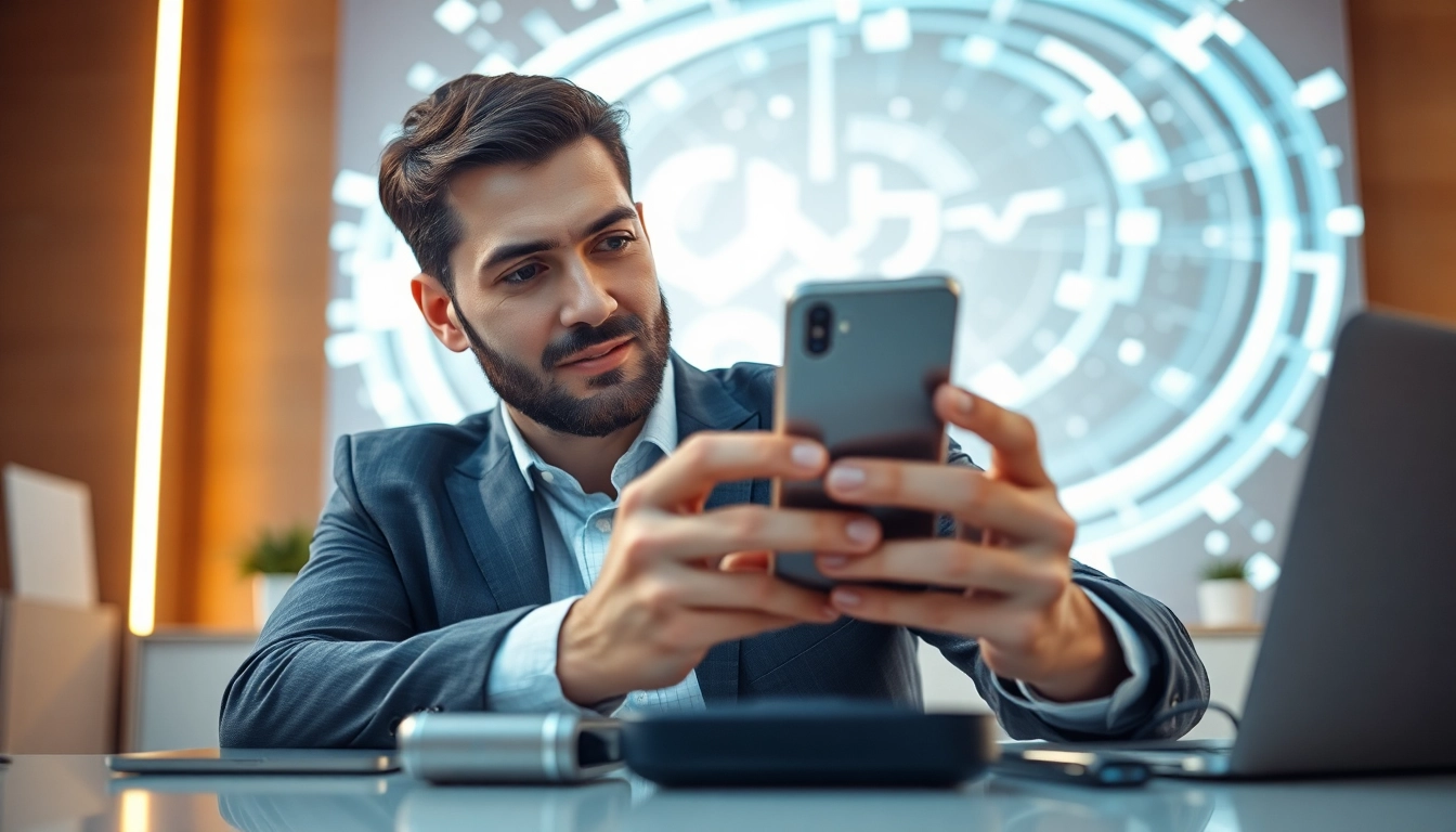 Sell phone cash Benton AR in a sleek modern workspace with a focused tech expert examining a smartphone.