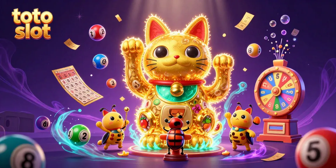Toto slot experience enriched by dynamic illustrations of a giant lucky cat and exciting game elements.