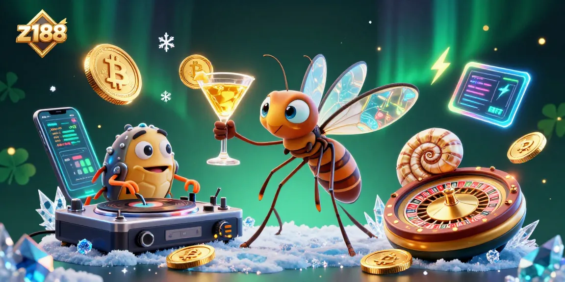 Play z188 with exciting casino atmosphere, featuring a unique mosquito mascot and DJ, surrounded by dynamic crypto elements.