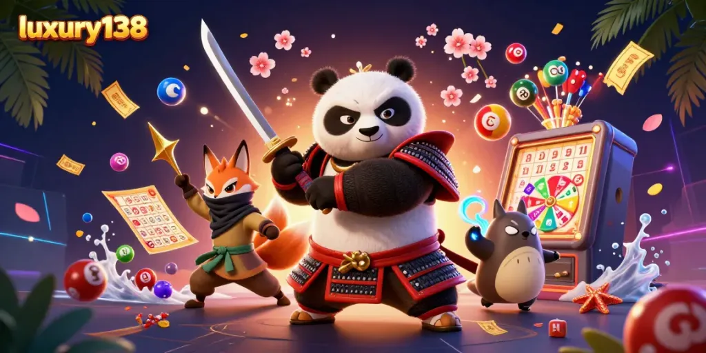 Experience luxury138 gaming with a vibrant 3D panda samurai and ninja fox winning lottery action.