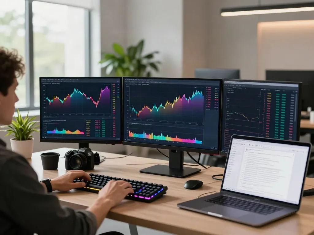Professional trading workspace for financial data interface featuring real-time cryptocurrency charts and advanced trading tools, emphasizing innovation and security.