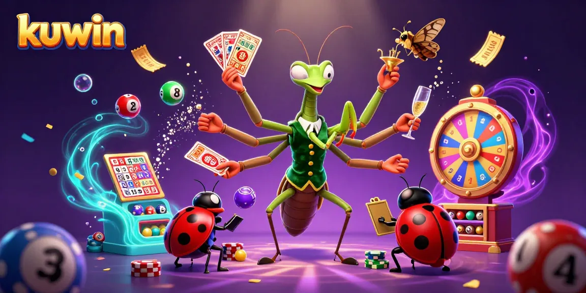 Kuwin casino scene active with a giant mantis dealing cards, colorful balls bouncing, and rich glow effects.