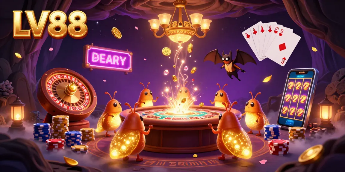 Experience the magic of LV88 with glowworms lighting up a lively cave casino and dynamic game elements.