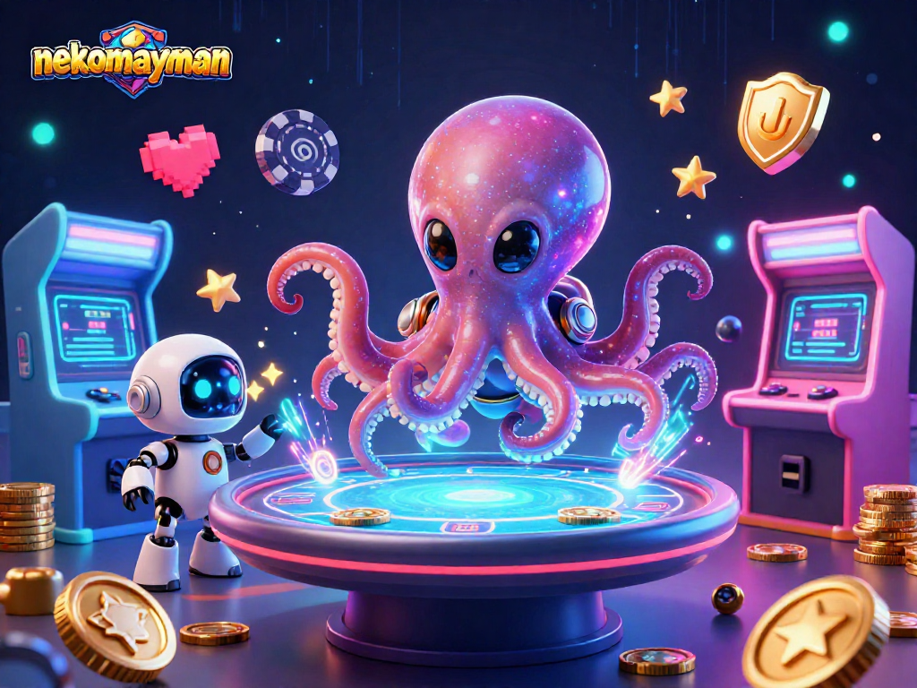 Experience thrilling wins in nekomayman with a vibrant alien octopus operating a poker table in space.