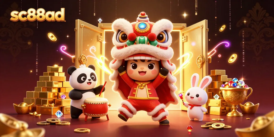 Spin into action at sc88ad with a festive lion dance surrounded by treasures and gems.