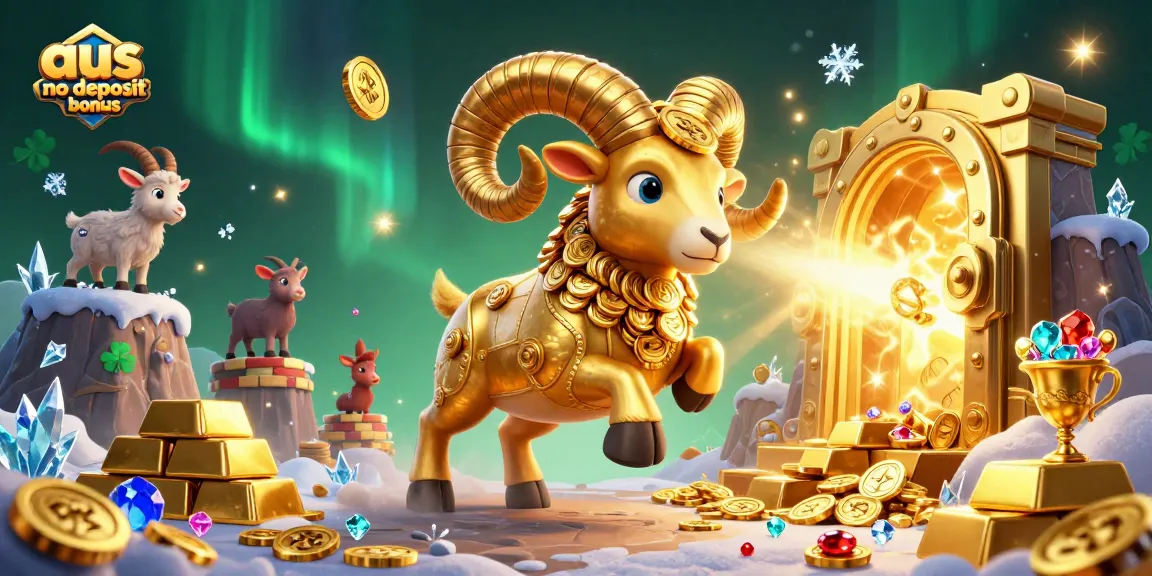 Experience the thrill of aus no deposit bonus with a golden ram charging through a treasure-filled scene.