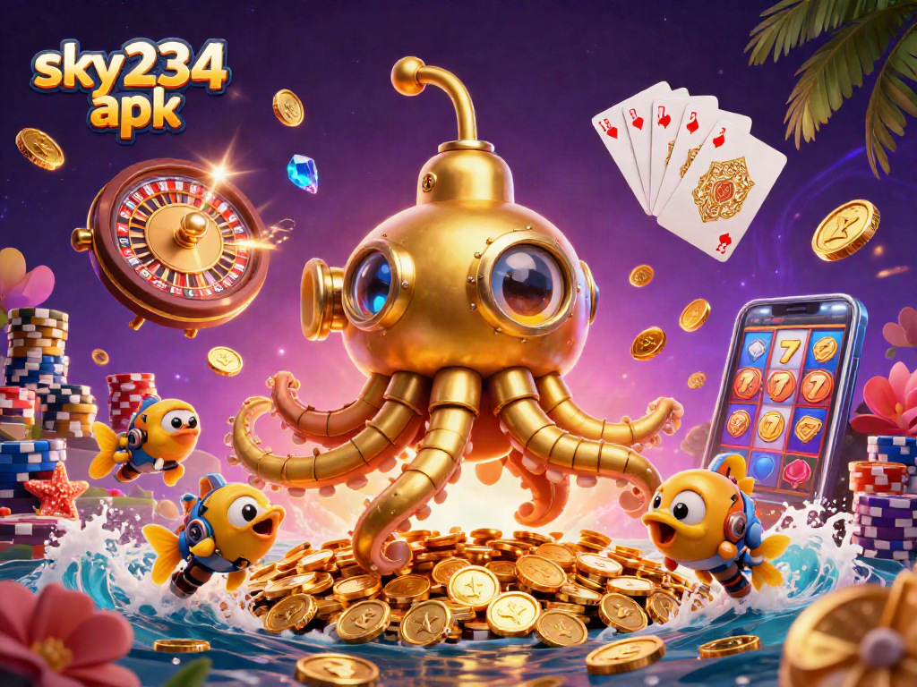 Experience thrill with sky234 apk as the golden kraken submarine emerges through coins and games.