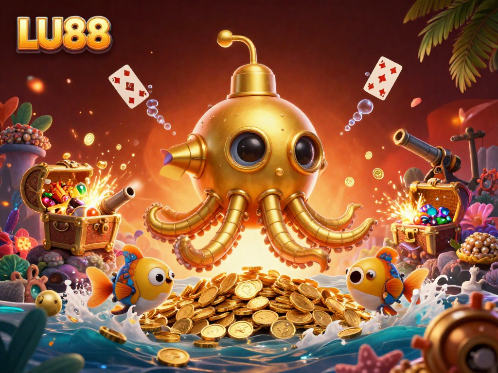 Experience the thrill of LU88 with a dynamic 3D submarine amidst treasure and games.