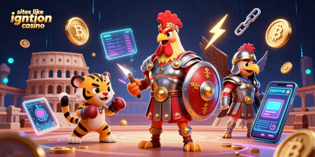 Engage in vibrant gaming scenes at sites like ignition casino with animated characters and crypto coins.