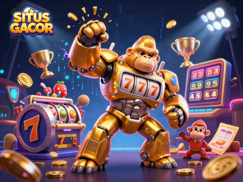 SITUS GACOR showcases a powerful golden gorilla mech celebrating jackpot wins with lively slot reels.