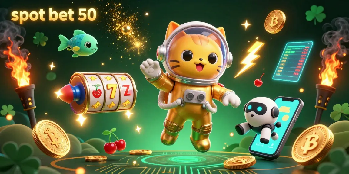 Engage with slot bet 50 in this vibrant 3D illustration featuring slot reels, cartoon characters, and cosmic elements.