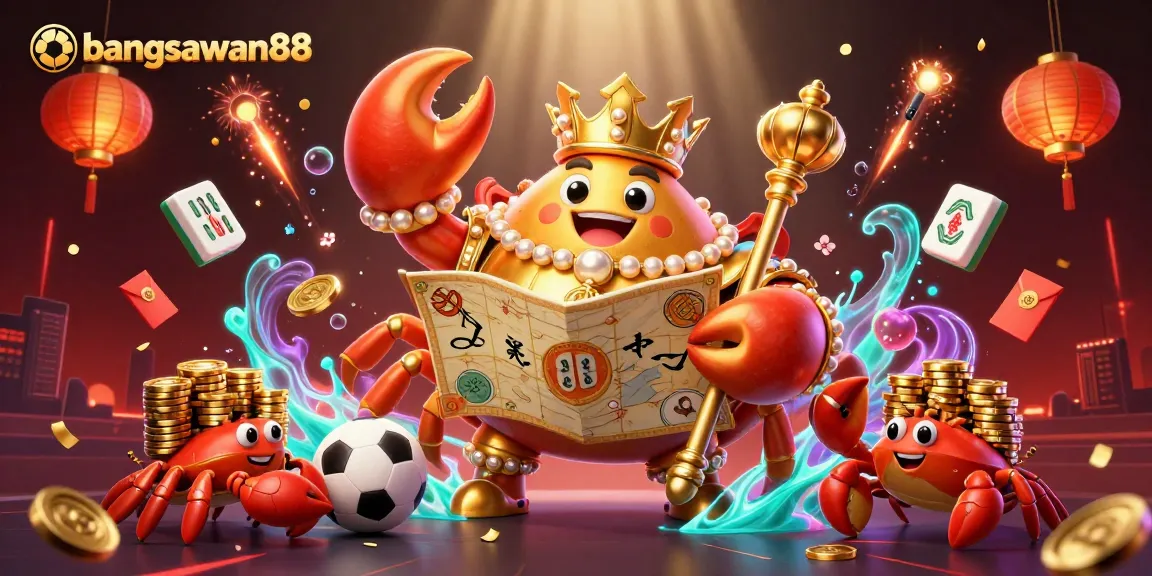 Place bets with bangsawan88 featuring a golden crab emperor amidst dynamic sports betting elements.