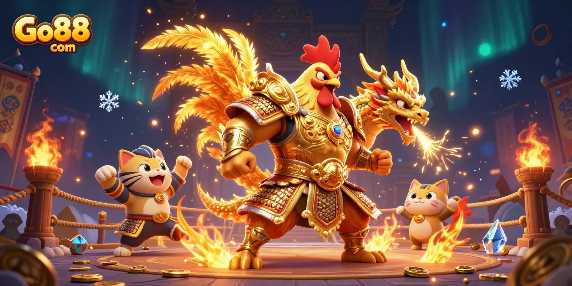 Engage in thrilling gaming adventures at Go88 com with a vibrant 3D illustration showcasing unique characters and dynamic casino elements.