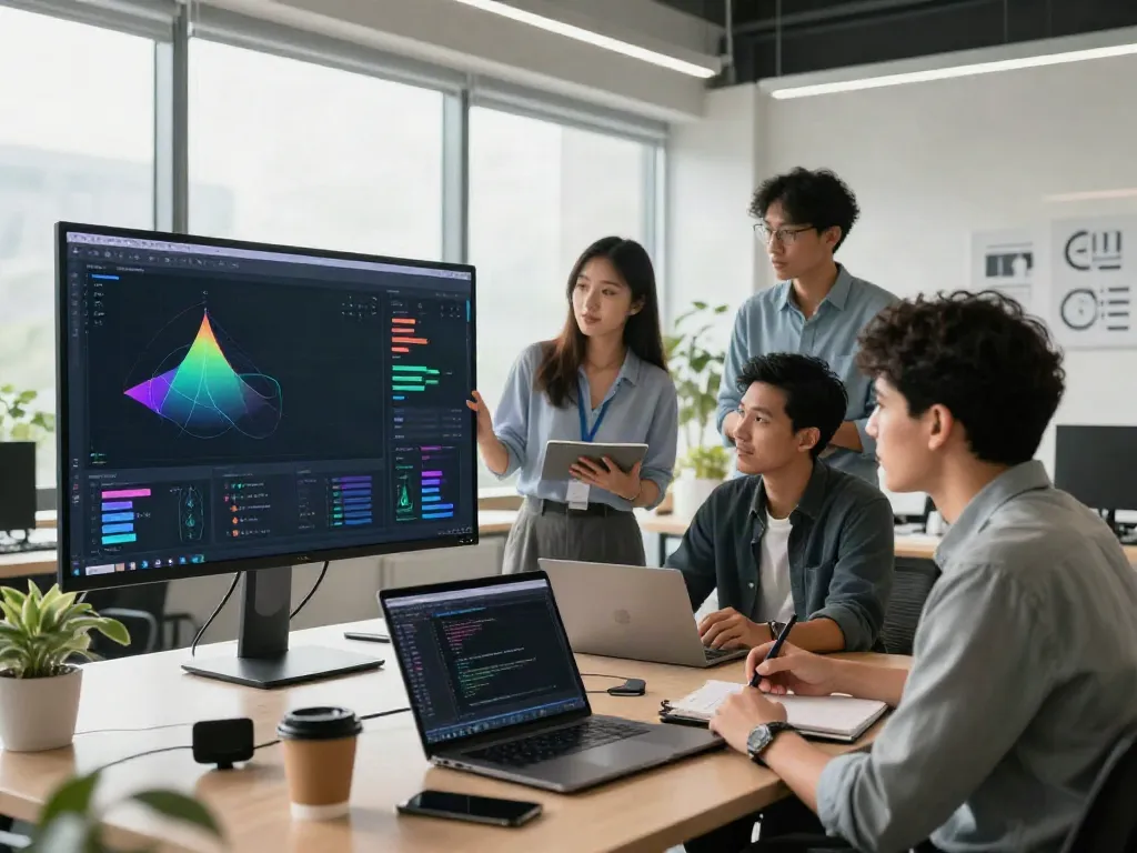 Innovative team collaborating on AI Token Economy strategies in a modern workspace.