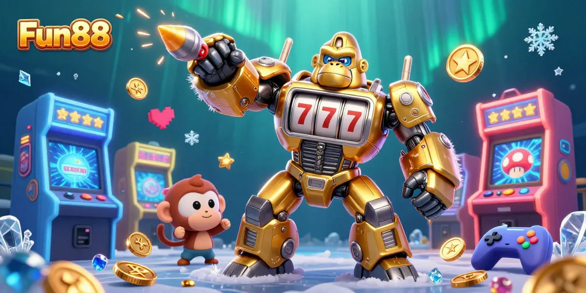 Join Fun88 in a vibrant 3D illustration featuring a golden gorilla mech and arcade games for ultimate thrill!