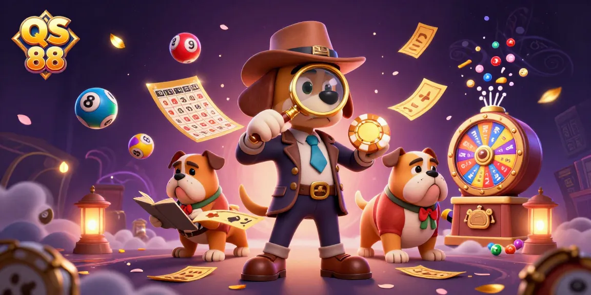 Detectives uncovering secrets of QS 88 with colorful lottery balls and gaming clues.