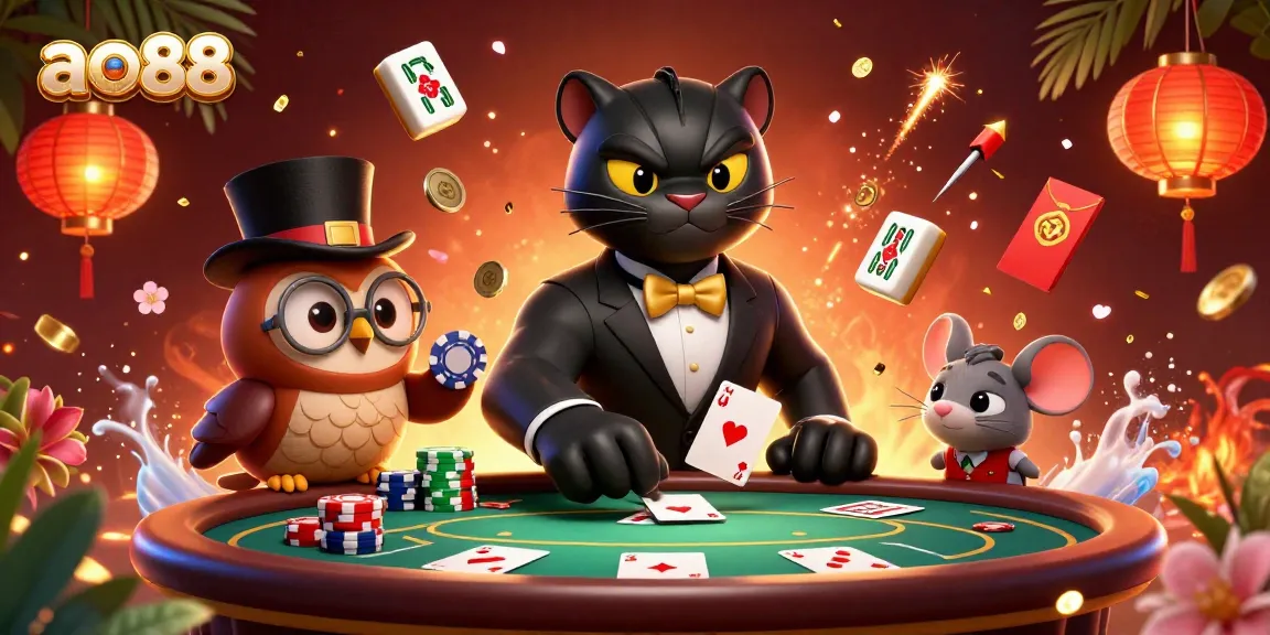Engage with ao88's vibrant casino scene featuring stylish characters and dynamic poker elements.
