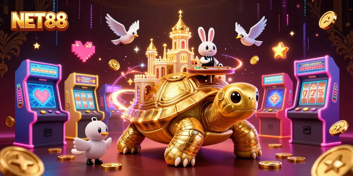 Experience the excitement of NET88 at a vibrant casino scene with a golden tortoise and game elements.
