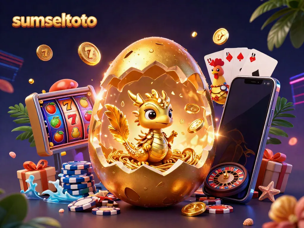 Experience the thrilling energy of sumseltoto with a golden dragon perched on poker chips amidst vibrant casino themes.